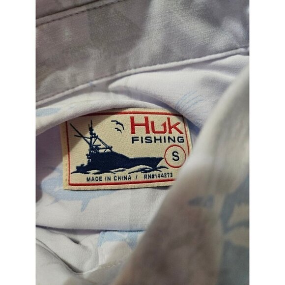 New Huk Kona Ocean Palm Shirt Mens S White Fish Print Short Sleeve Button Front - Picture 5 of 7